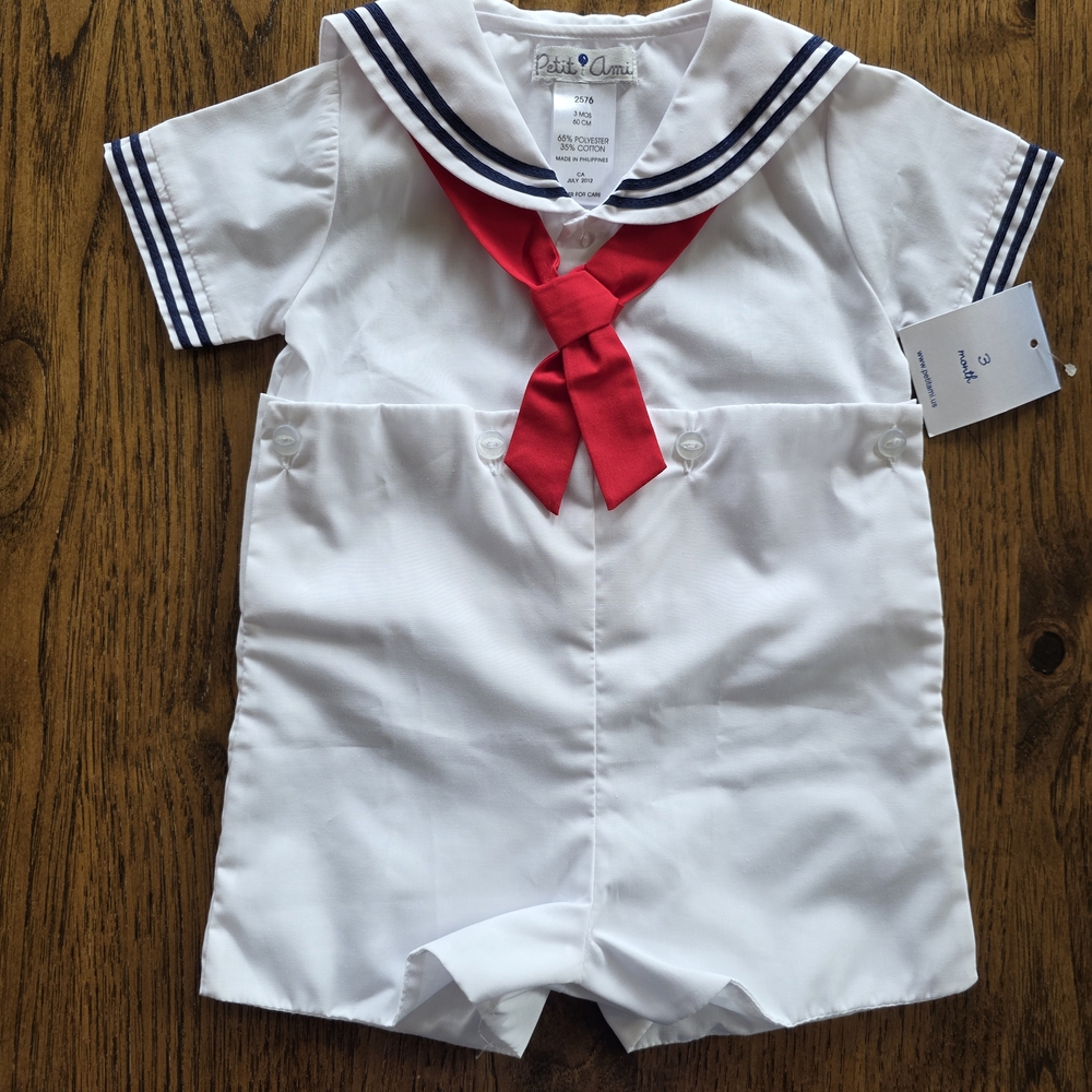 White Sailor Romper with Red Tie
